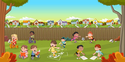 Wall Mural - Backyard of a colorful house in suburb neighborhood with cartoon kids playing. Green park landscape with grass, trees, and houses.

