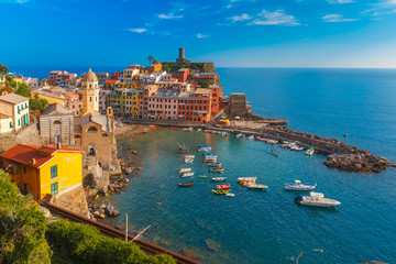 Poster - Aerial panoramic view of Vernazza fishing village in the evening, Five lands, Cinque Terre National Park, Liguria, Italy.