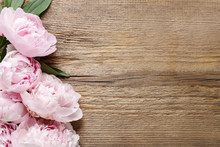 Stunning Pink Peonies On White Rustic Wooden Background