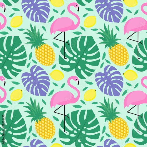 Stoffe zum Nähen Nahtlose dekorativer Hintergrund mit Flamingo, Ananas, Zitronen und grünen Palmen Blätter. Tropischen Monstera Blatt Muster mit tropischen Früchten und exotischen Vogel. Design für Textil, Tapete, Stoff etc..