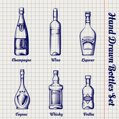 Wall Mural - hand drawn bottles set. sketch bottles on the notebook page vector illustration