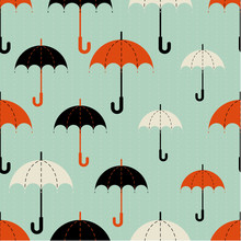 Seamless Texture. Autumn. Depicts The Umbrellas Of The Different  Size .Umbrella In Three Colors : Black, Red And Beige .Umbrellas In The Rain. Umbrellas On A Blue Background.
