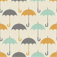 Wall Mural - Seamless texture. Autumn. Depicts the umbrellas of the same size .Umbrella in three colors : grey, yellow and blue .Umbrellas in the rain. Umbrellas on a beige background.