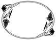 Black and white oval frame with decorative flowers silhouettes. Vector clip art.