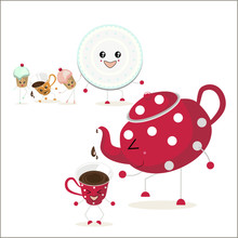 The Illustration. In The Foreground A Red Teapot With White Polka Dots Pours Tea Into The Cup. In The Background Are Plate, Two Cupcakes And A Cup Of Orange With White Polka Dots.