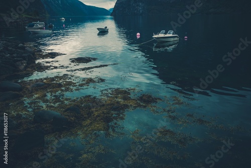 Obraz na płótnie canvas czteroczęściowy "tetraptyk" Refleksje norweskich fiordów