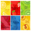 Set template design banners, cards, flyers with fruits and berries. Collection brochure with raspberries, strawberries, blueberries and lemon, kiwi, peach. Brochures with a watercolor texture. Vector
