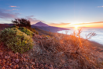 Farbenfroher Sonnenuntergang am Teide in Teneriffa im Gegenlicht über den Wolken - Kanarische Inseln - Spanien- Postkartenmotiv