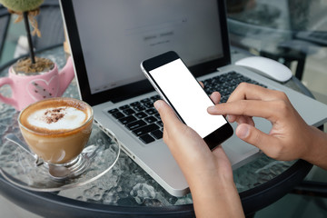 Aufkleber - close up hand use phone in coffee shop