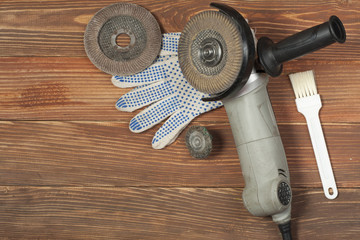 Wall Mural - Set of electrical tool on wooden background. Accessories for engineering work, energy concept.