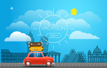 Canvas Print - Take Vacation travelling concept. Flat design illustration. Red