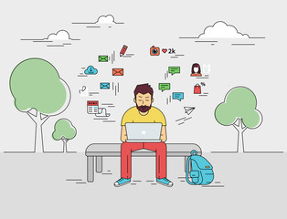 Wall Mural - hipster young man is sitting with laptop outdoors. flat outlined illustration of guy writing a comme