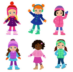 Set of characters funny girls in winter isolated on white background . Winter clothes.