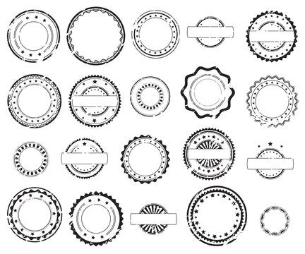 grunge rubber stamps and stickers icons, set, graphic design elements, black isolated on white backg