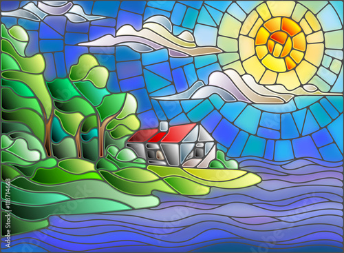 Nowoczesny obraz na płótnie The image in the stained glass style landscape with a lonely house on a background of sky and sea