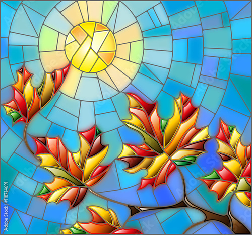 Naklejka - mata magnetyczna na lodówkę Illustration in stained glass style with maple leaves on background sky and sun