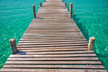 Beautiful Wooden Bridge On Tropical Island Beach - Travel Summer Vacation Concept