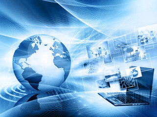 Best Internet Concept of global business. Globe, glowing lines on technological background. Electronics, Wi-Fi, rays, symbols Internet, television, mobile and satellite communicationsblue blur