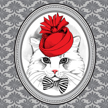 Picture In Frame With Portrait Of A Cat In Red Elegant Royal Hat With Bow. Vector Illustration.