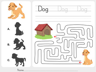 Wall Mural - Maze game and Match dog with shadow - Worksheet for education
