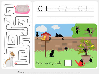 Wall Mural - How many cats and maze game - Worksheet for education