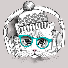 Wall Mural - Image cat portrait in a hat and headphones. Vector illustration.