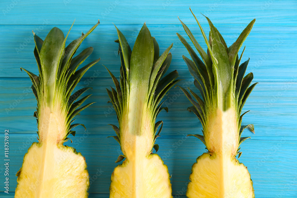 Pineapple slices on blue background