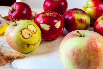 Creepy and funny monsters of apples for the children's party on Halloween