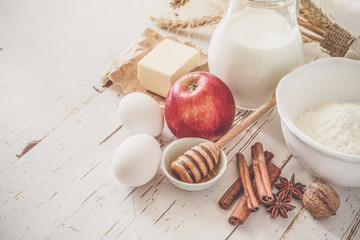 Wall Mural - Ingredients for baking - milk, butter, eggs, flour, wheat