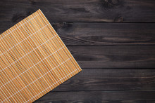 Bamboo Mat On Wooden Table, Top View