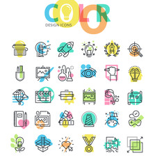 Flat line icons set of graphic design and product development process, media technology. Modern design icons for web and app design and development.