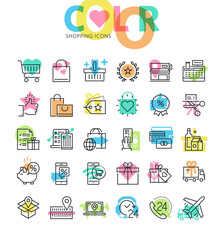 Wall Mural - flat line icons set of shopping, retail store, order and development procedure. modern design icons 