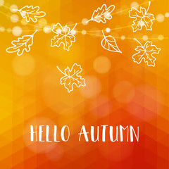 Wall Mural - autumn, fall card. hand drawn maple, oak leaves, lights. modern polygonal background. low poly, tria