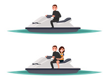 Set Of Man On The Jet Ski One And  With Woman. Vector Illustrati