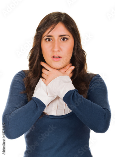 Fotografie, Obraz frightened woman shows sign asphyxiation
