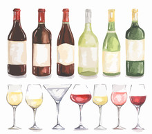 Watercolor Wine Bottles And Glasses Set. Beautiful Bottles And Glasses For Decoration Menu In Restaurant Or Cafe. Alcoholic Beverage.
