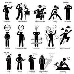 Neutral Personalities Character Traits. Stick Figures Man Icons. Starting with the Alphabet S.