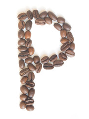 Letter P made of coffee beans under a daylight isolated on white background