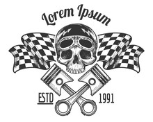Vintage Biker Rider Skull Tattoo Banner With Racing Checkered Flags Vector Illustration