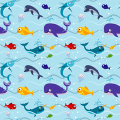 Wall Mural - Funny kids fish in water seamless vector background