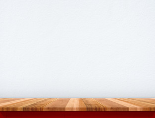 Fototapete - Empty brown wood table top with white house concrete wall,Mock u