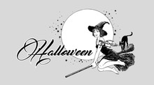 Young Halloween Witch Flying On Broom Vector Illustration