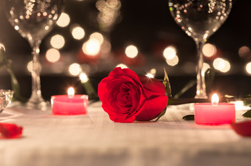 Beautiful single rose in a romantic dinning setting. First date. 