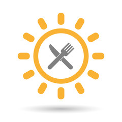 Poster - Isolated line art sun icon with a knife and a fork