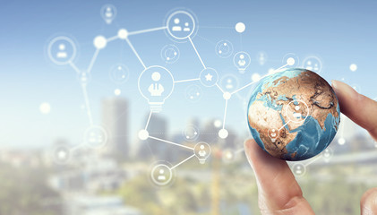 Poster - Media worldwide technology concept . Mixed media