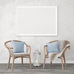 Horizontal interior mockup with two wicker chairs on empty wall background. 3D rendering.