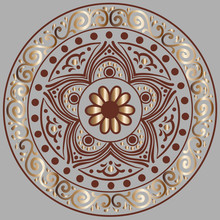 Drawing Of A Floral Mandala In Brown And Gold Colors On A Dark Gray Background