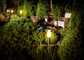 Wall Mural - Illuminated home garden fountain patio