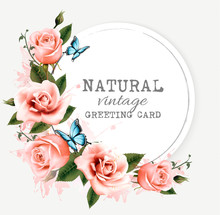 Natural Vintage Greeting Card With Roses. Vector.