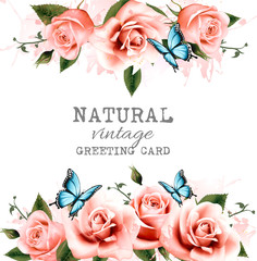 Natural background with roses. Vintage vector.